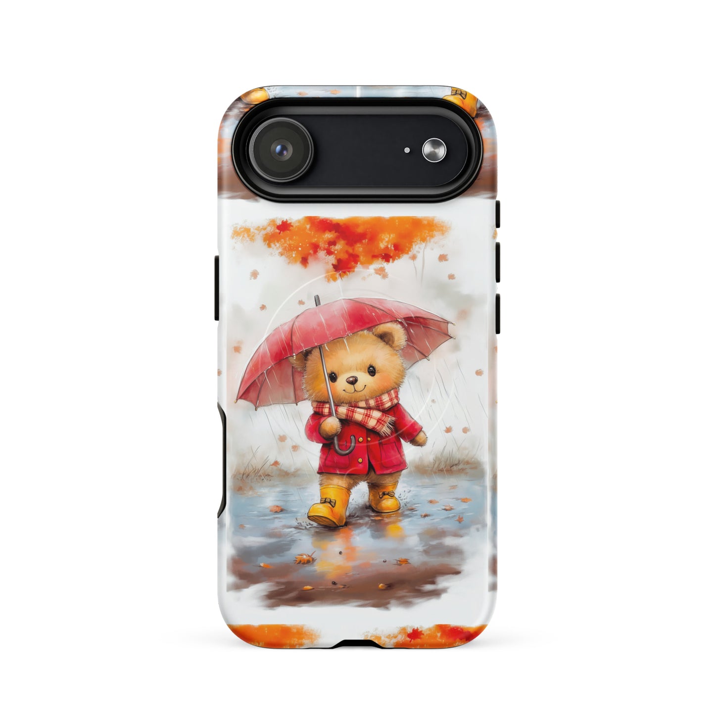 MagSafe iPhone case featuring watercolor art of a cute bear with a red umbrella in autumn rain.