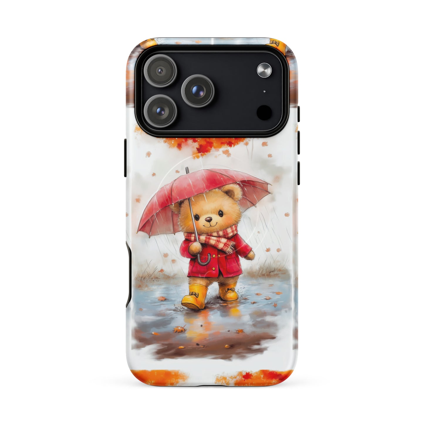 MagSafe iPhone case featuring watercolor art of a cute bear with a red umbrella in autumn rain.