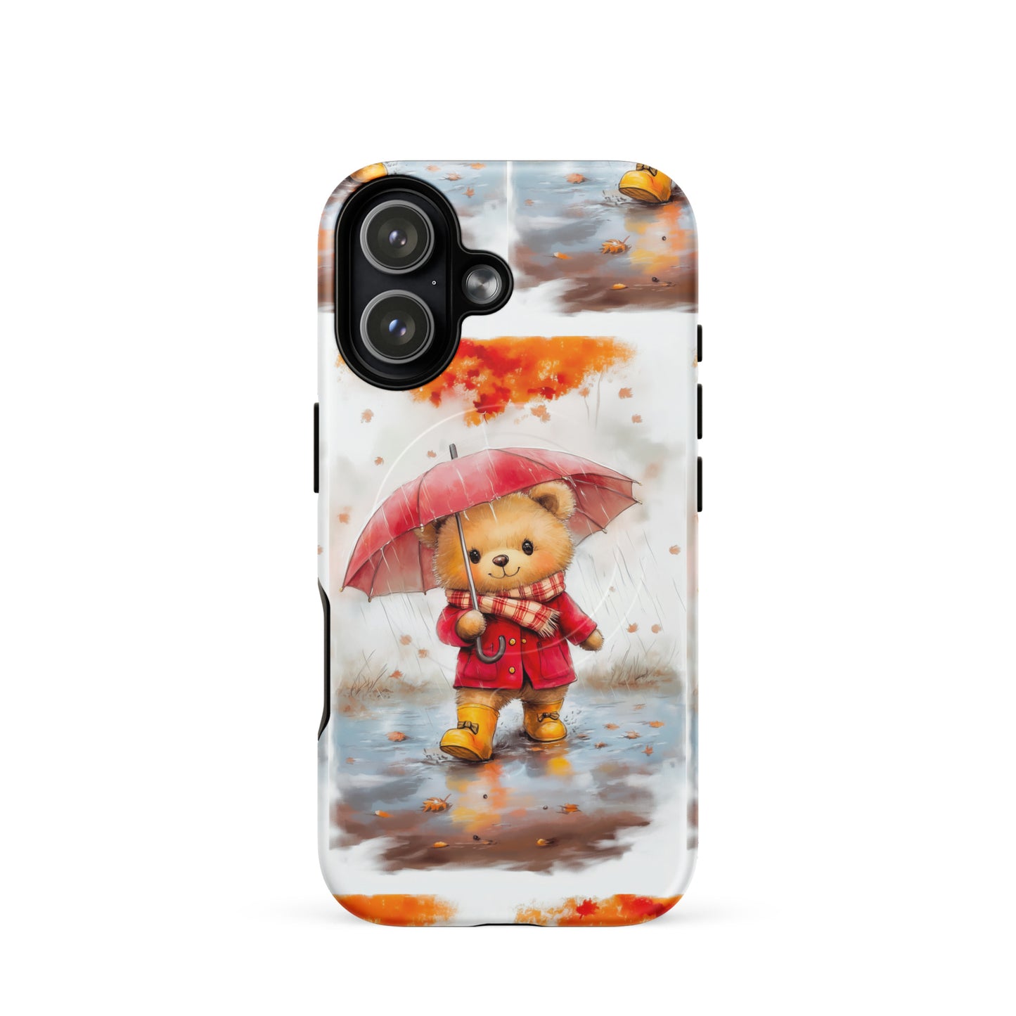MagSafe iPhone case featuring watercolor art of a cute bear with a red umbrella in autumn rain.