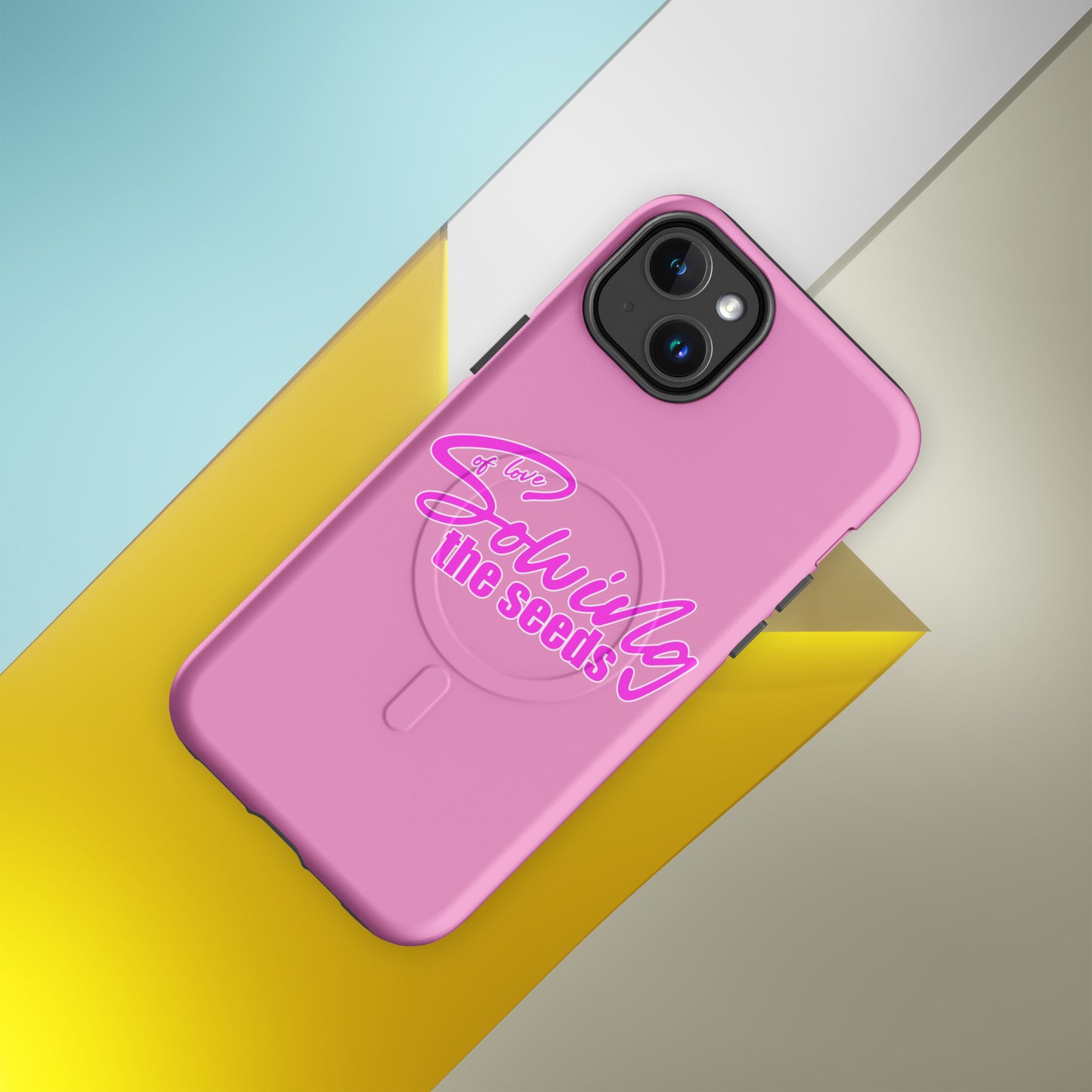 Pink iPhone case with text "Sowing the seeds of love" by Sweet and Savage. 