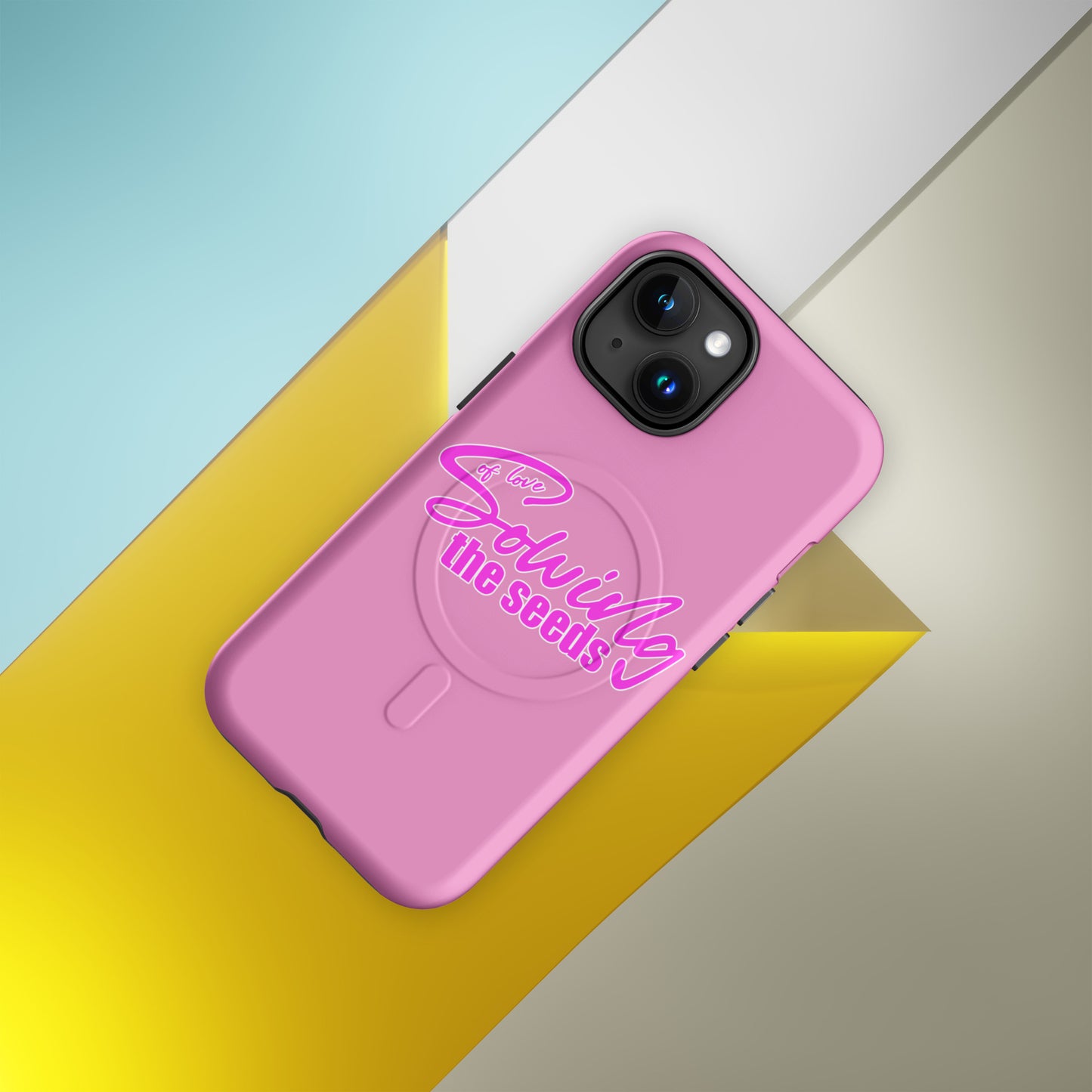 Pink iPhone case with text "Sowing the seeds of love" by Sweet and Savage. 