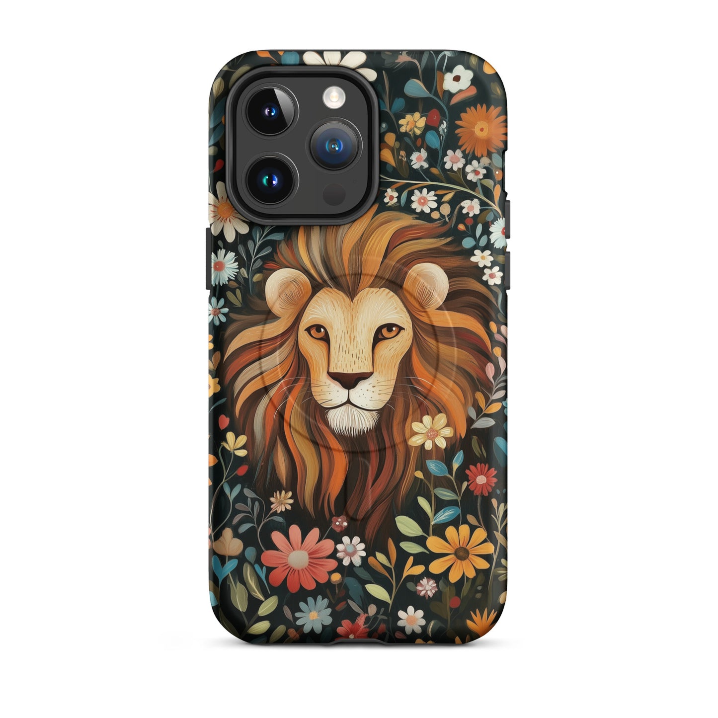iPhone case with a lion design and floral pattern by Sweet and Savage. 