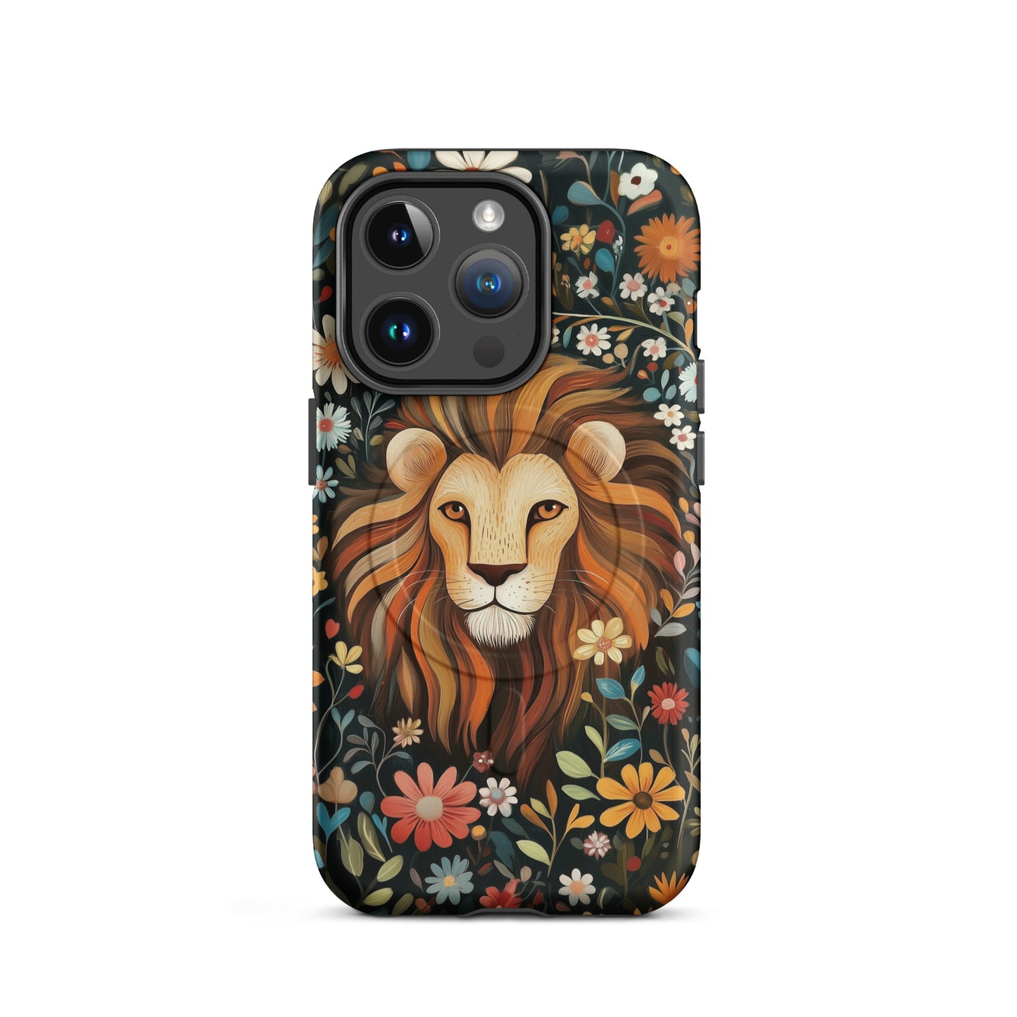 iPhone case with a lion design and floral pattern by Sweet and Savage. 