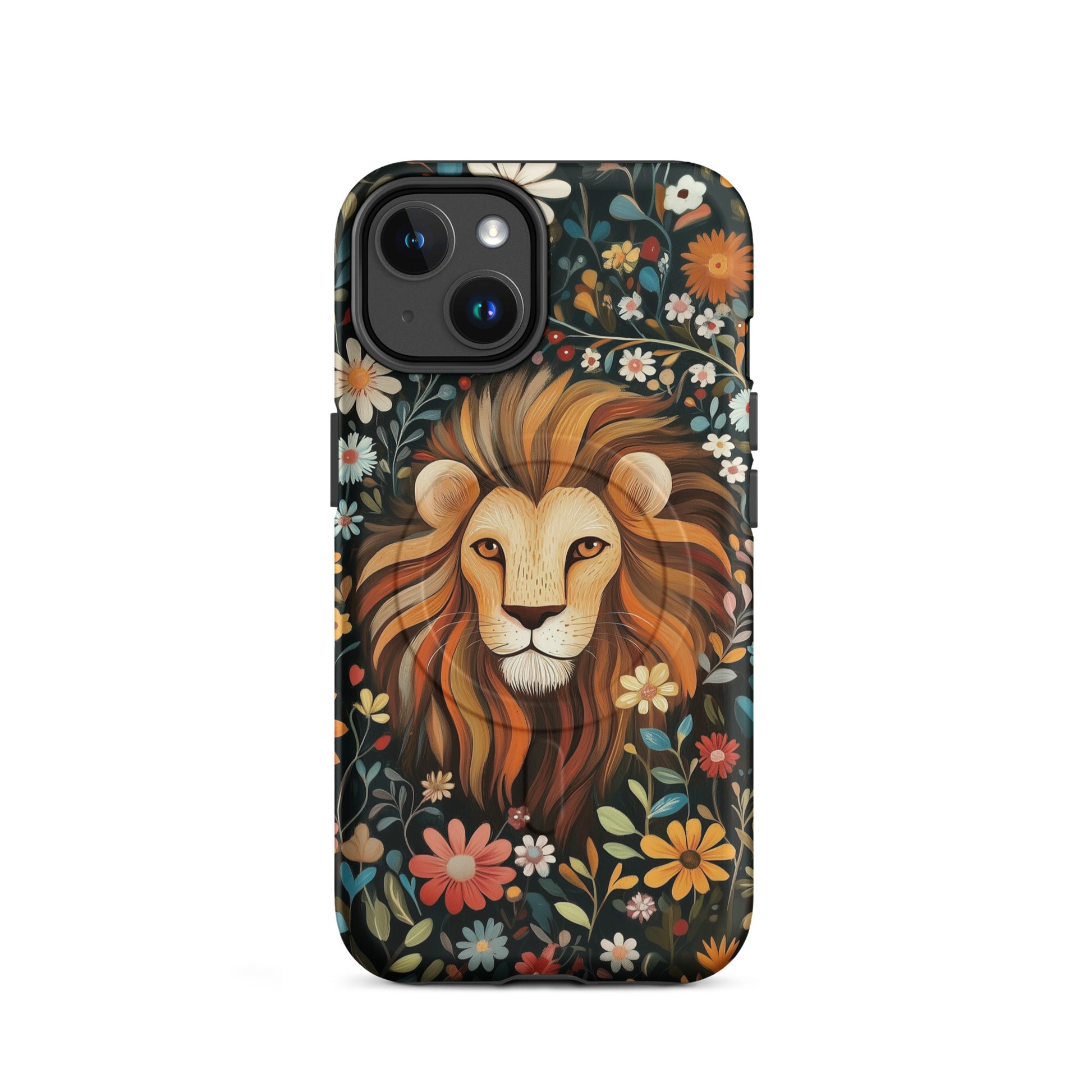 MagSafe iPhone case featuring a colorful, artistic lion face surrounded by vibrant patterns.