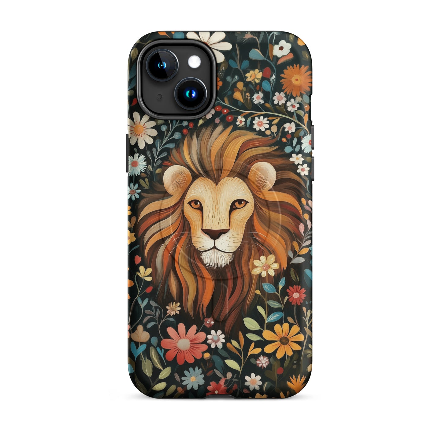 iPhone case with a lion design and floral pattern by Sweet and Savage. 