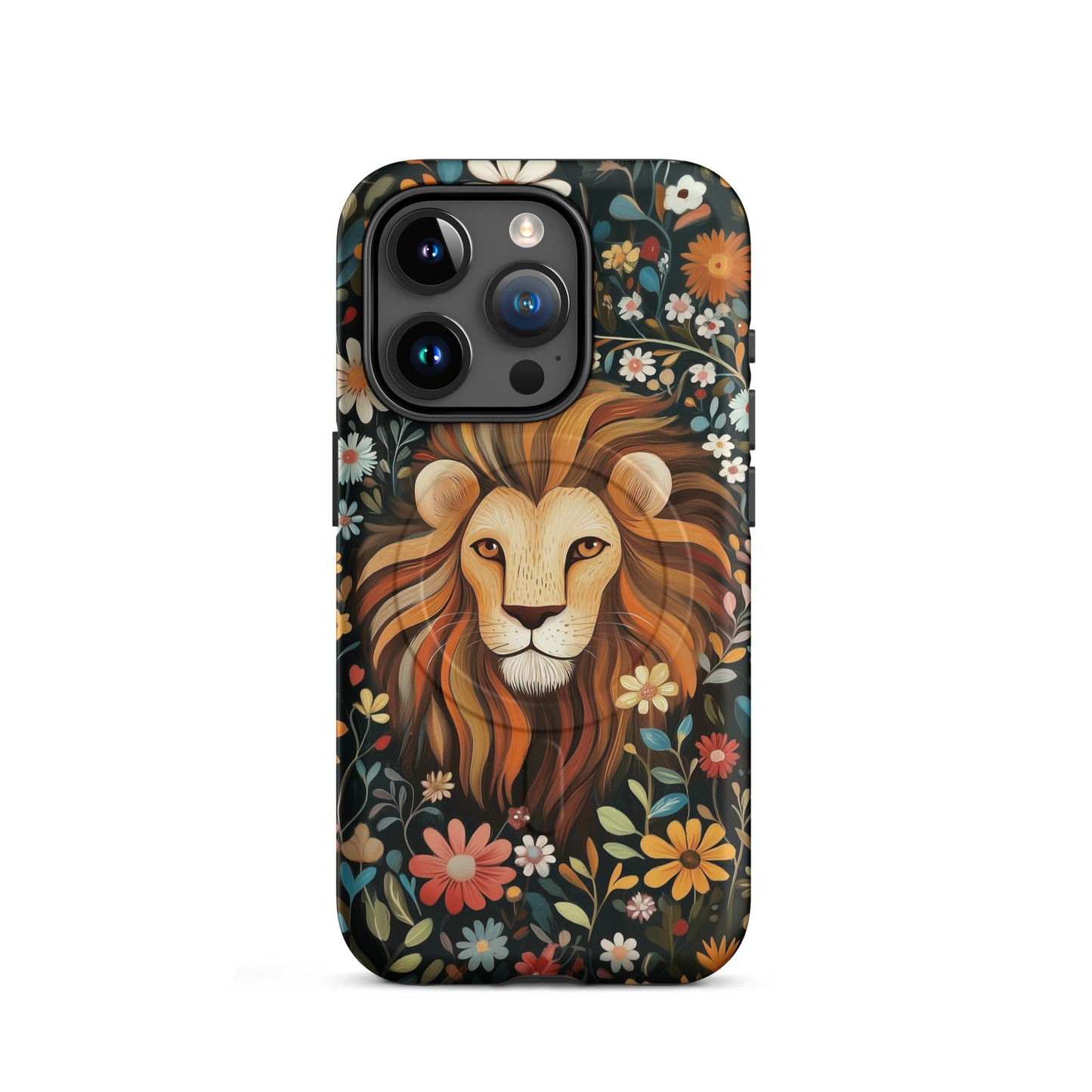 iPhone case with a lion design and floral pattern by Sweet and Savage. 