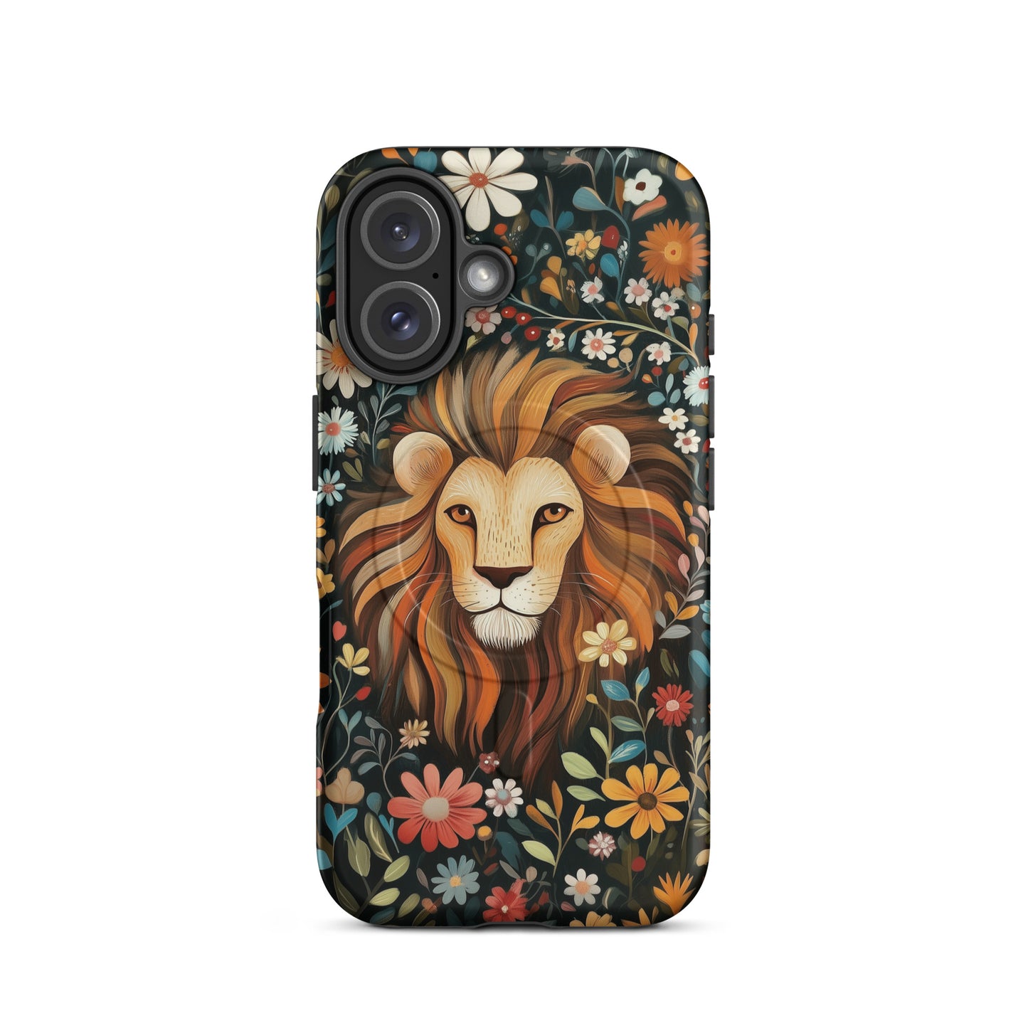 iPhone case with a lion design and floral pattern by Sweet and Savage. 