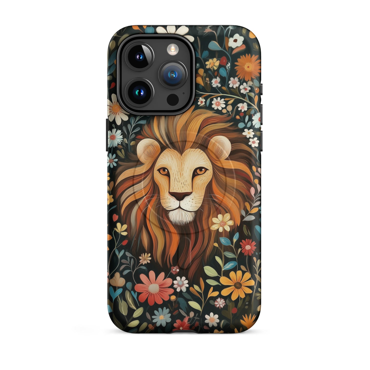 iPhone case with a lion design and floral pattern by Sweet and Savage. 