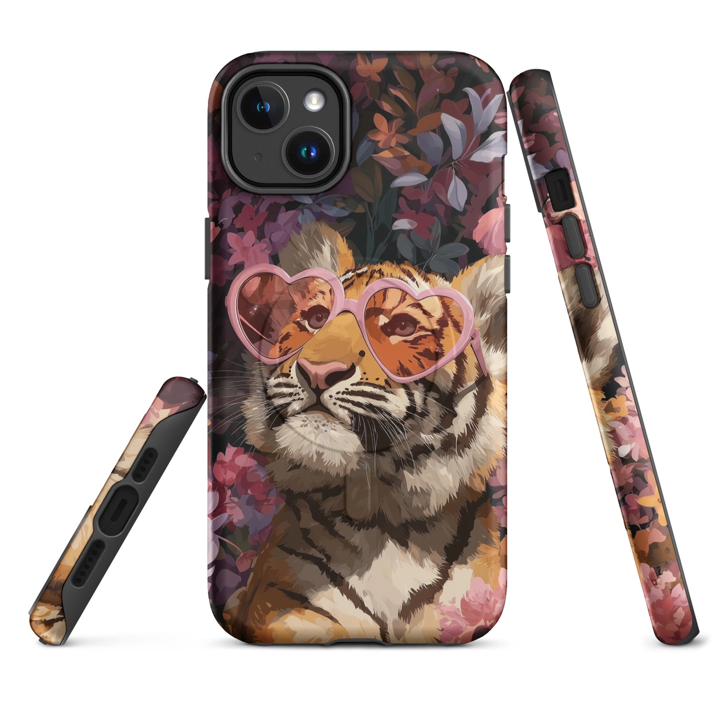 Tough iPhone® case featuring an artistic tiger cub wearing pink heart-shaped sunglasses on a dark floral background.