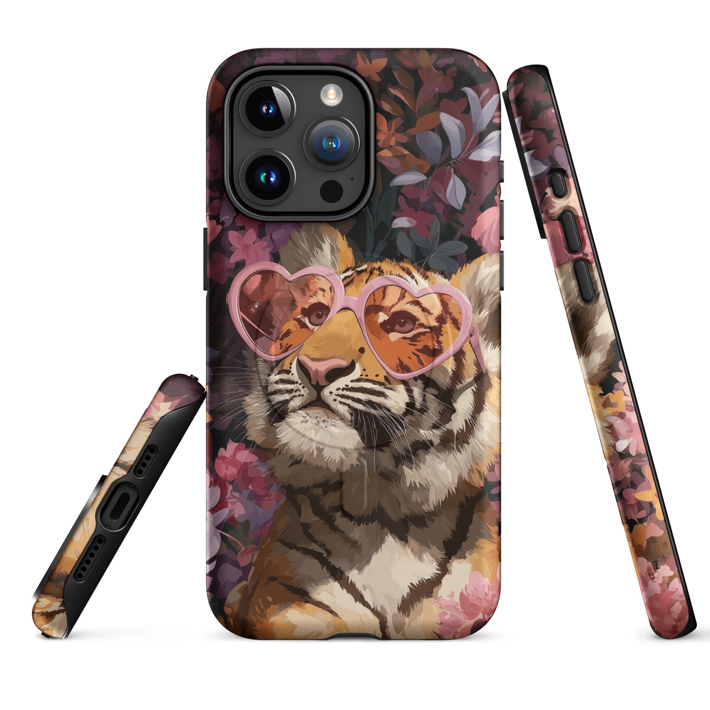 iPhone case with a tiger wearing heart-shaped sunglasses on a floral background by Sweet and Savage. 