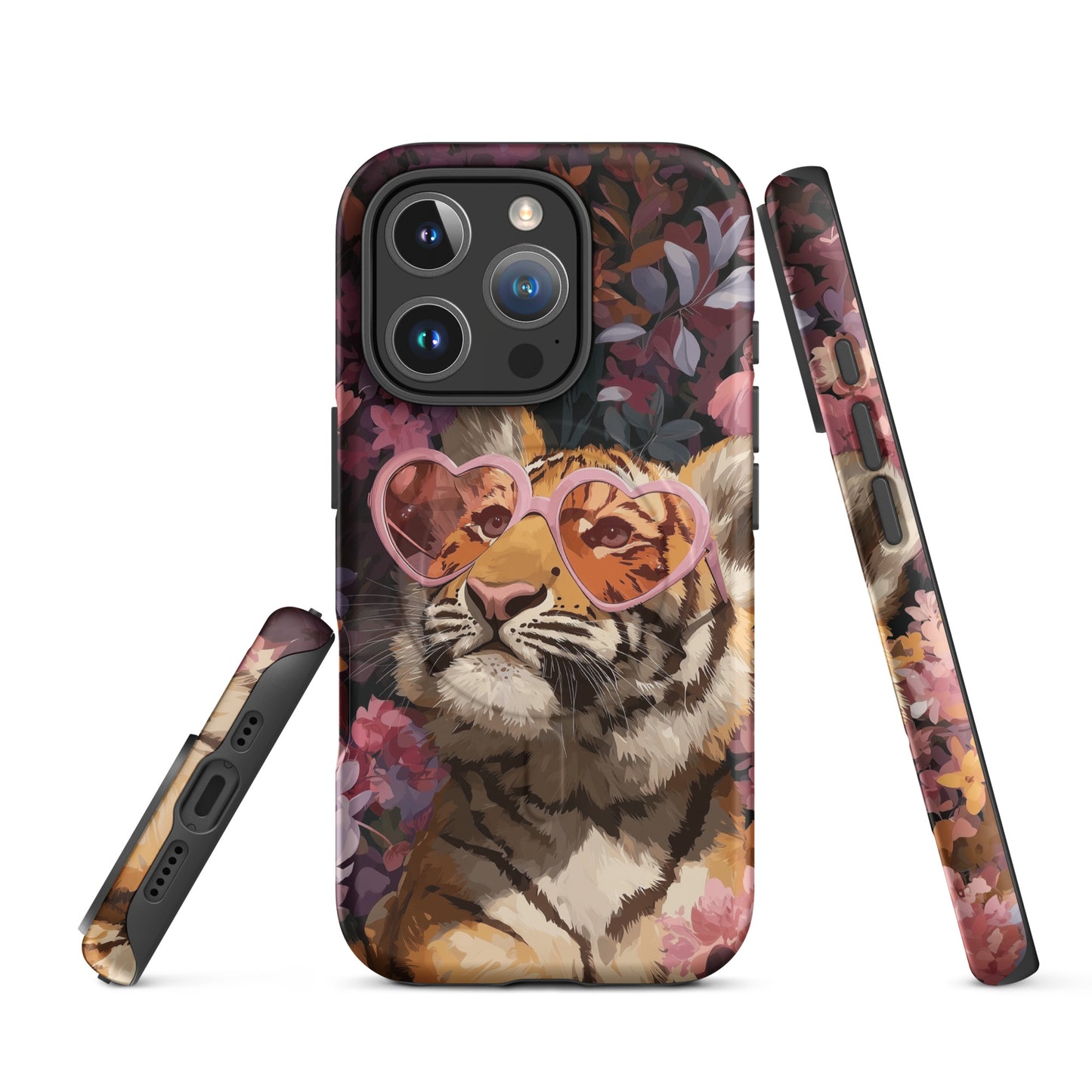 iPhone case with a tiger wearing heart-shaped sunglasses on a floral background by Sweet and Savage. 