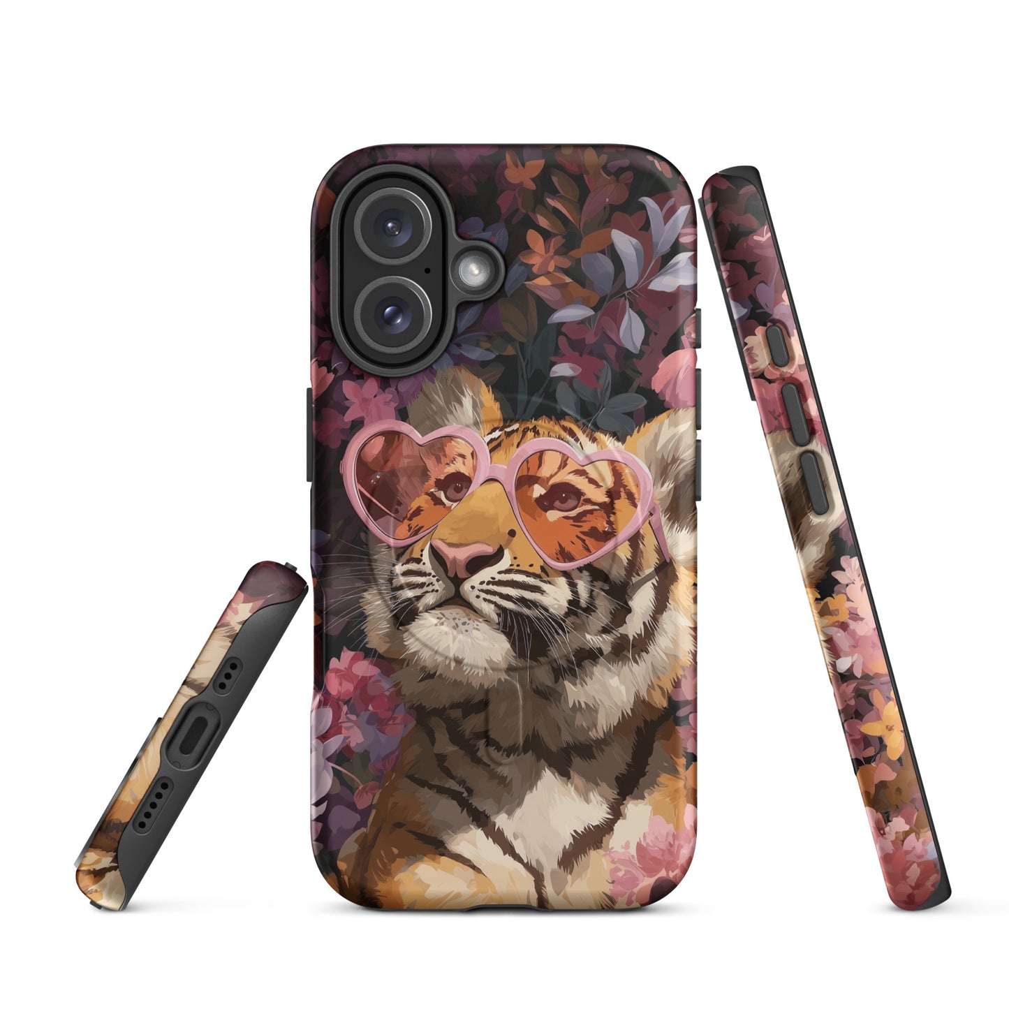 iPhone case with a tiger wearing heart-shaped sunglasses on a floral background by Sweet and Savage. 