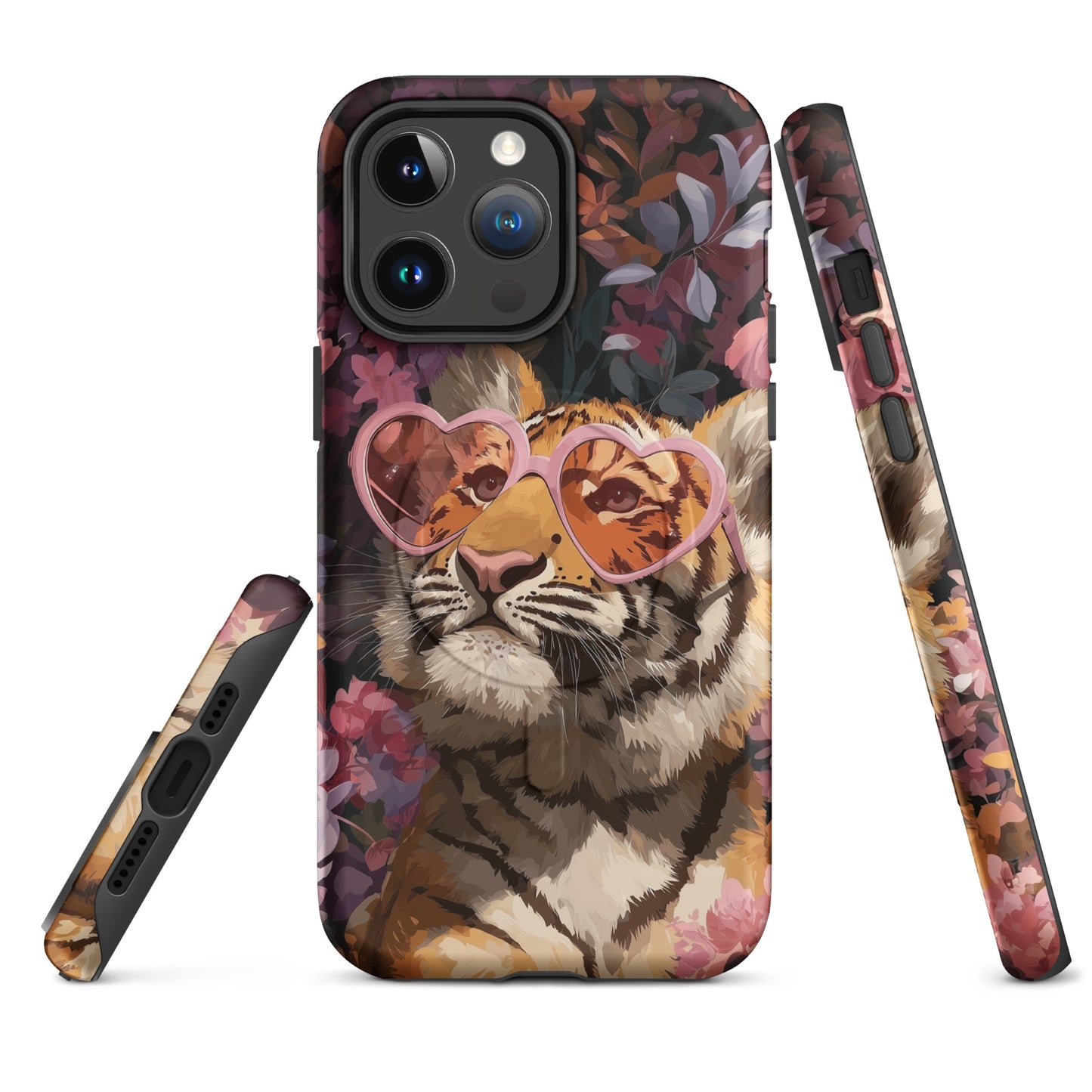 Tough iPhone® case featuring an artistic tiger cub wearing pink heart-shaped sunglasses on a dark floral background.
