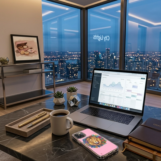 A luxury lifestyle mockup of a pink iPhone case featuring a floral lion illustration, resting on a dark marble desk in a penthouse office. In the background, a framed art print of a tea tin and biscuits is visible on a sleek console table against a panoramic city skyline at night.