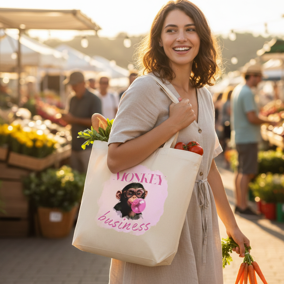 A woman walking through a farmer's market carrying a creamy oyster-colored organic cotton tote bag featuring a whimsical chimpanzee blowing a pink bubblegum bubble.