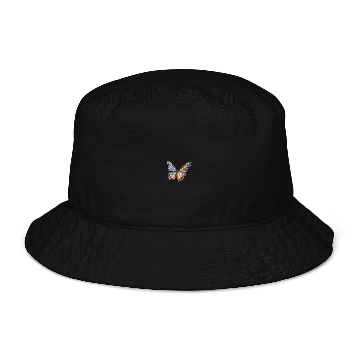 Black organic cotton bucket hat with a small colorful butterfly embroidered on the front.