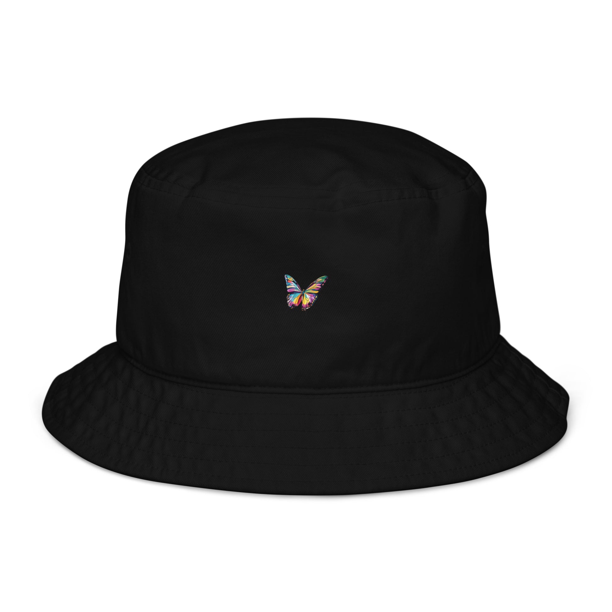 Black organic cotton bucket hat with a small colorful butterfly embroidered on the front.