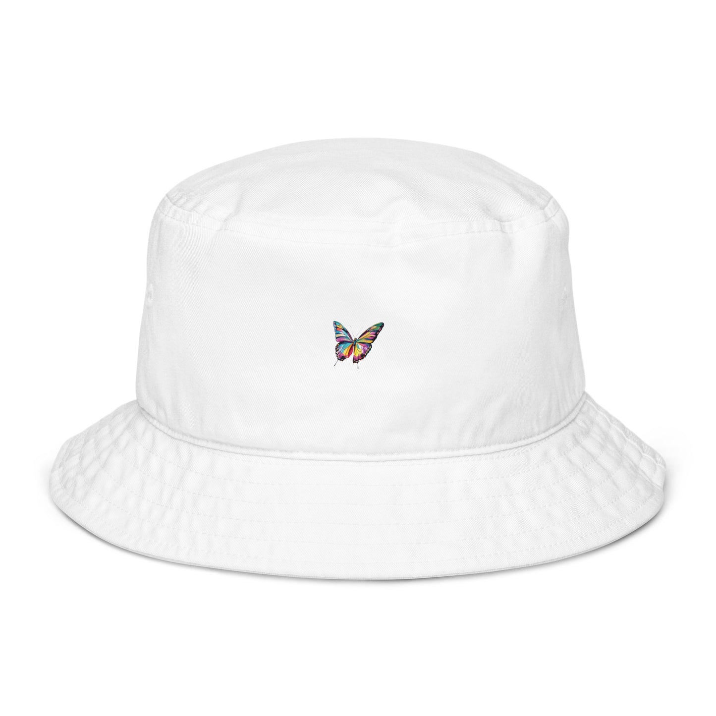 White organic cotton bucket hat with a small colorful butterfly embroidered on the front.