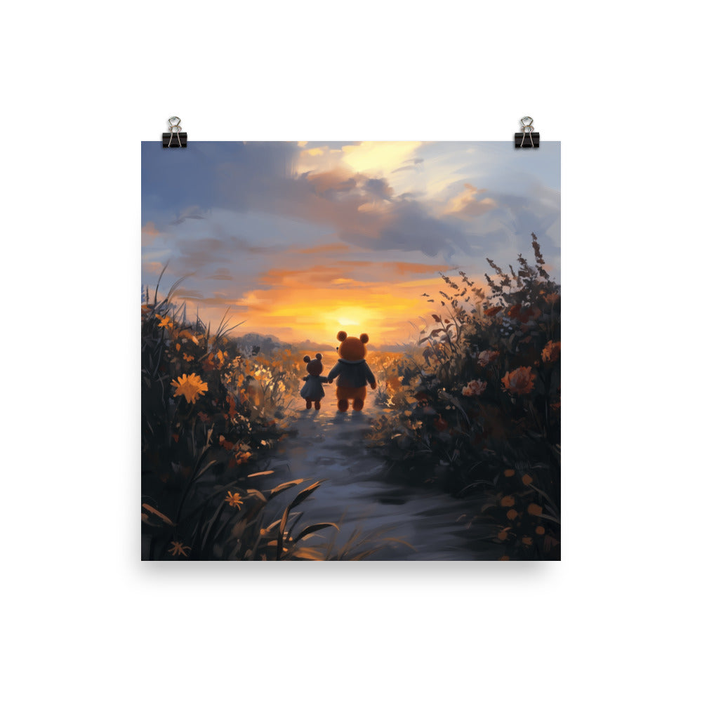 Artistic illustration of two friends walking together toward a vibrant orange and yellow sunset. The high-quality matte poster features warm, golden-hour colors by Sweet & Savage.