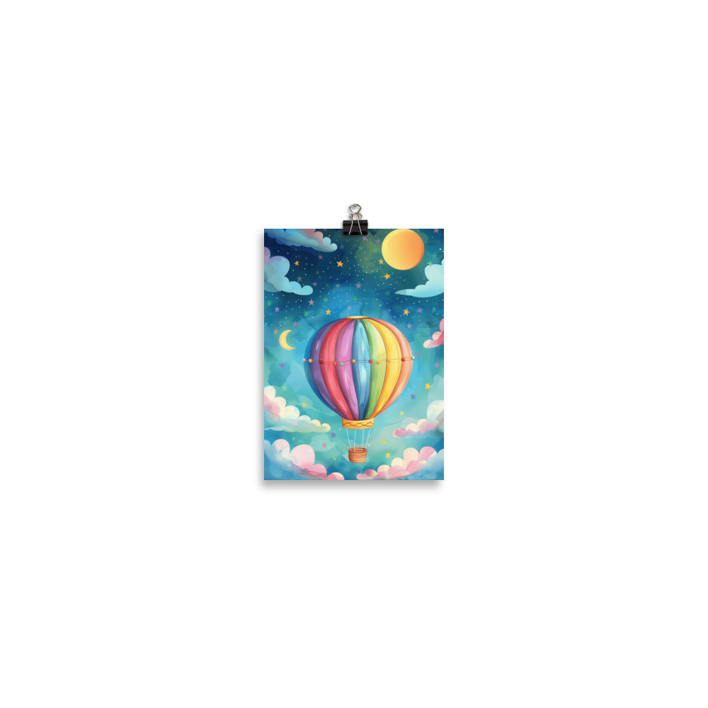 A vibrant, colorful hot air balloon floating against a magical starry night sky with a crescent moon. High-quality paper poster with a matte-gloss finish by Sweet & Savage.
