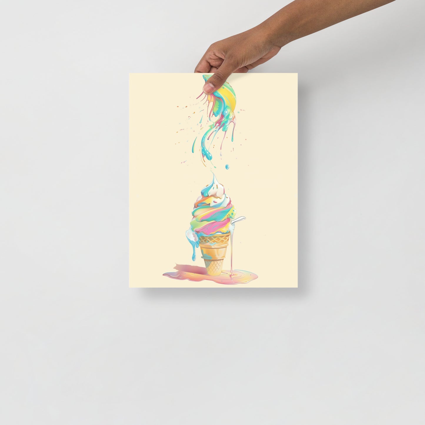 Vibrant illustration of a melting ice cream cone with colorful scoops and sprinkles. High-quality museum-grade paper poster for a modern kitchen or nursery by Sweet & Savage.