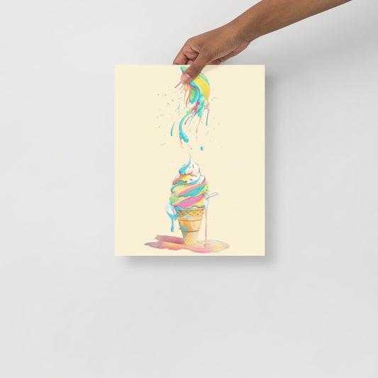 Vibrant illustration of a melting ice cream cone with colorful scoops and sprinkles. High-quality museum-grade paper poster for a modern kitchen or nursery by Sweet & Savage.