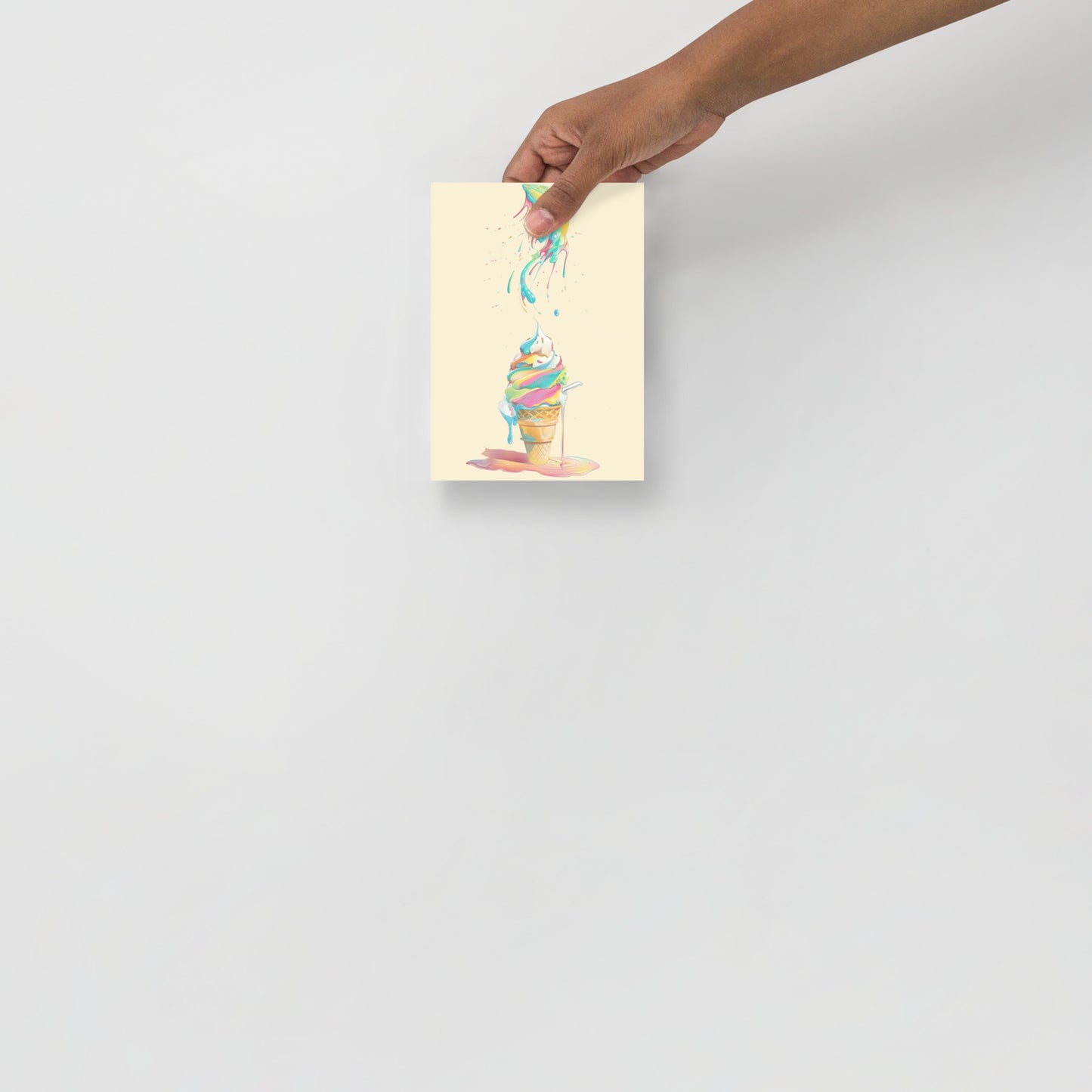 Vibrant illustration of a melting ice cream cone with colorful scoops and sprinkles. High-quality museum-grade paper poster for a modern kitchen or nursery by Sweet & Savage.