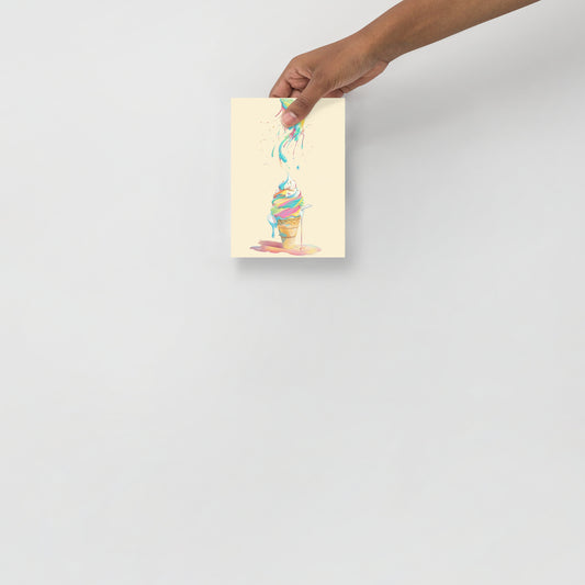 Vibrant illustration of a melting ice cream cone with colorful scoops and sprinkles. High-quality museum-grade paper poster for a modern kitchen or nursery by Sweet & Savage.
