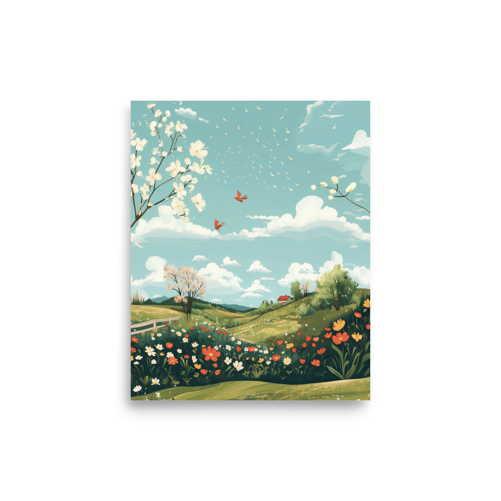 A vibrant illustration of a rolling green Danish landscape with blooming flowers, a white fence, and a clear blue sky. High-quality museum-grade paper poster by Sweet & Savage.
