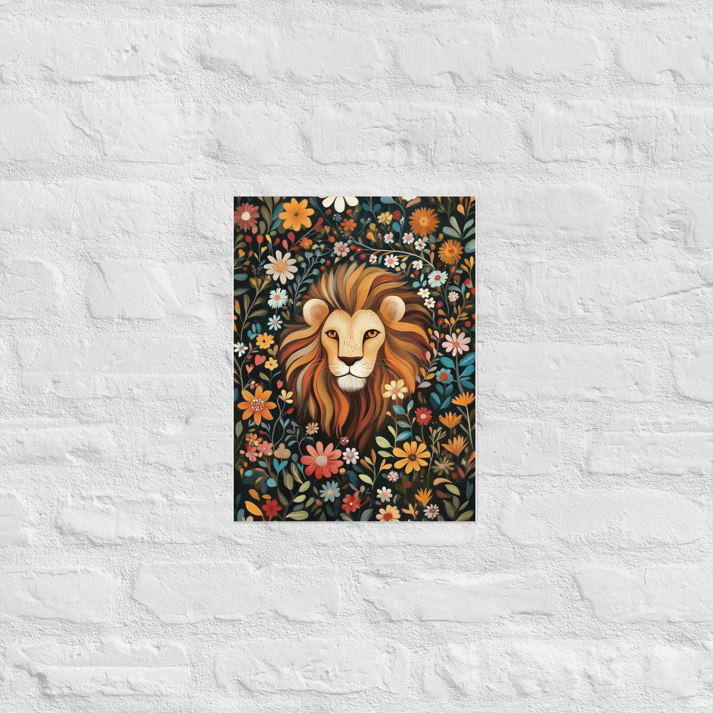 Vibrant illustration of a lion's head with a flowing mane, surrounded by colorful orange, red, and blue flowers on a dark, textured background. Premium wall art poster by Sweet & Savage.