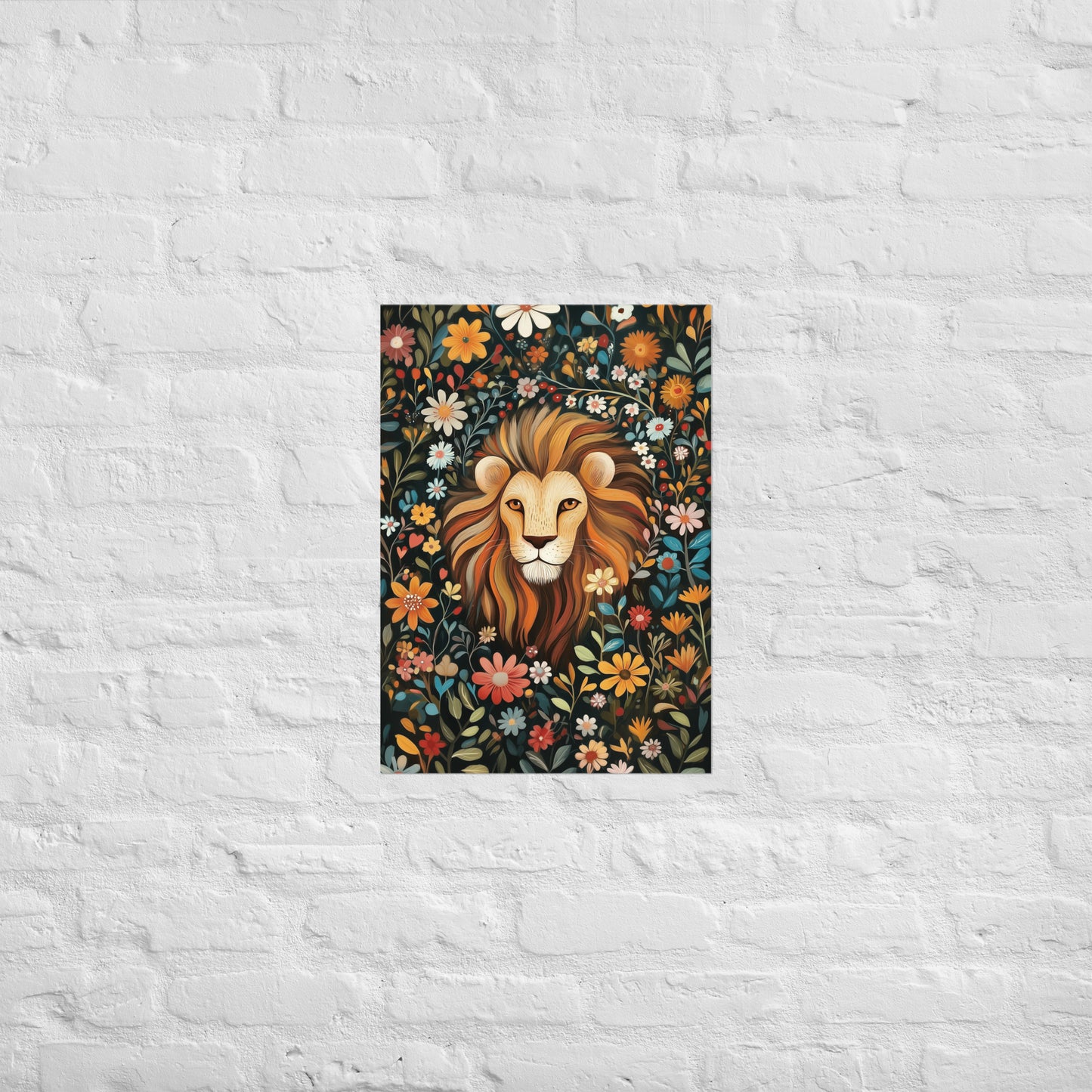 Vibrant illustration of a lion's head with a flowing mane, surrounded by colorful orange, red, and blue flowers on a dark, textured background. Premium wall art poster by Sweet & Savage.