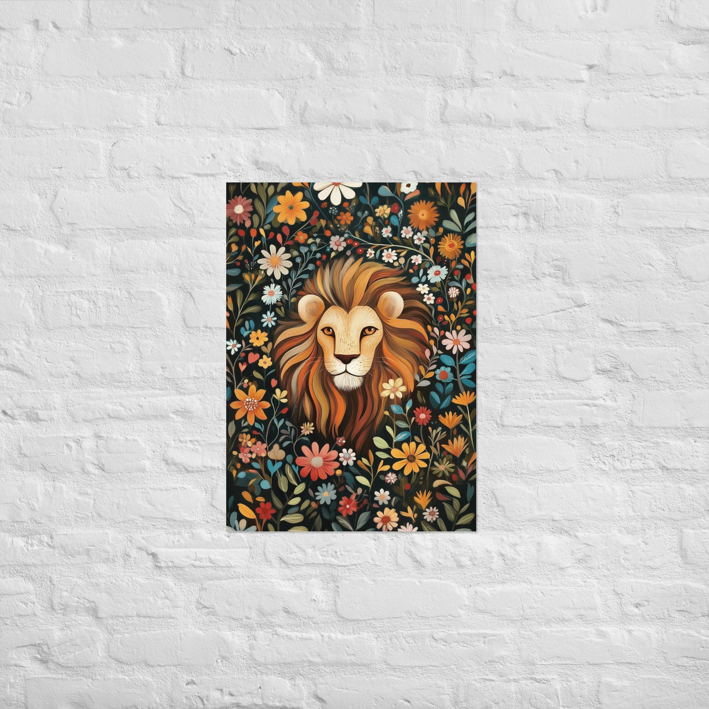 Vibrant illustration of a lion's head with a flowing mane, surrounded by colorful orange, red, and blue flowers on a dark, textured background. Premium wall art poster by Sweet & Savage.