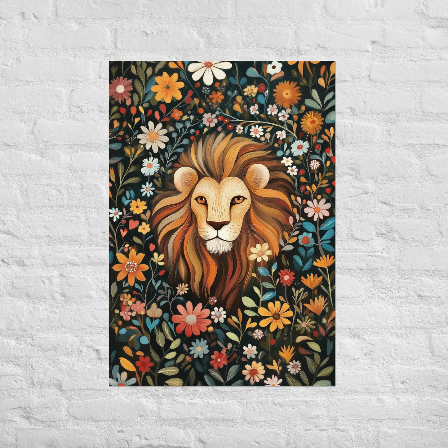 Vibrant illustration of a lion's head with a flowing mane, surrounded by colorful orange, red, and blue flowers on a dark, textured background. Premium wall art poster by Sweet & Savage.