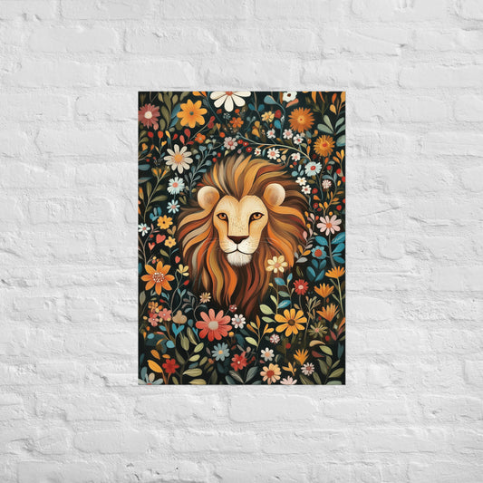 Vibrant illustration of a lion's head with a flowing mane, surrounded by colorful orange, red, and blue flowers on a dark, textured background. Premium wall art poster by Sweet & Savage.
