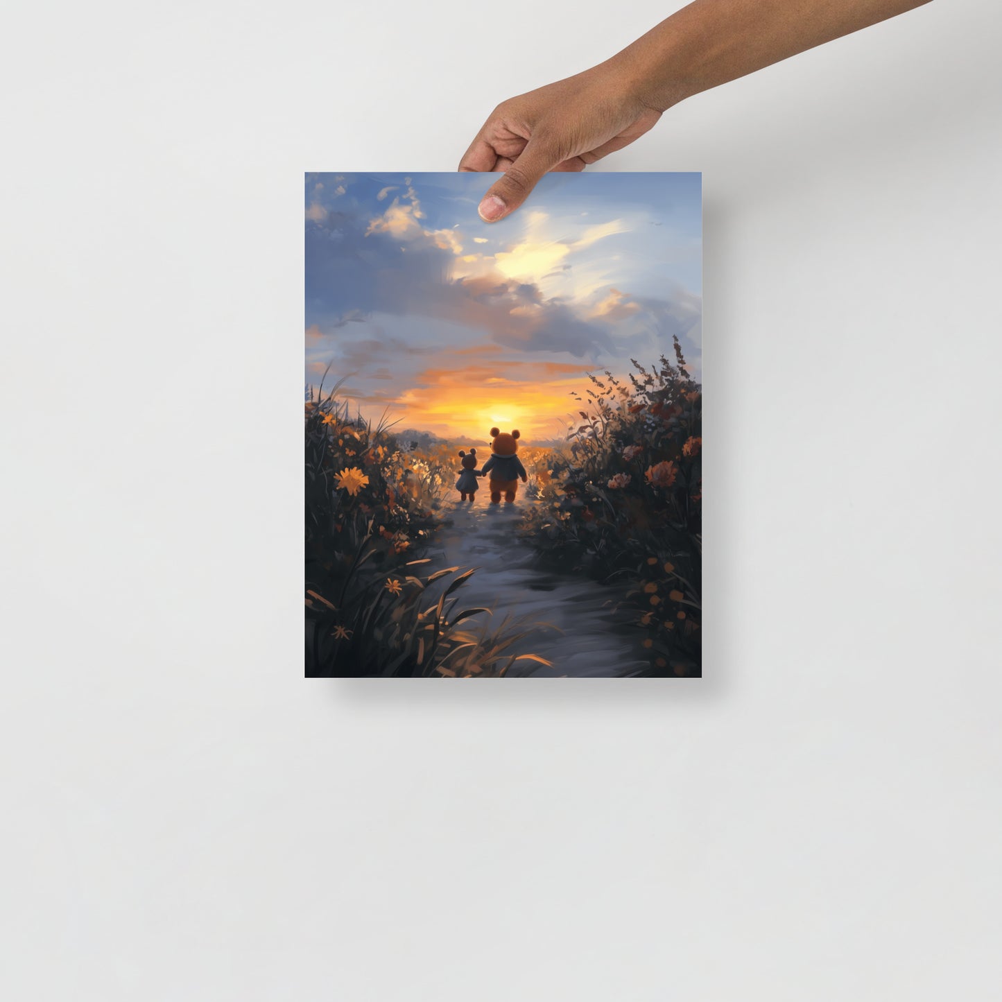 Artistic illustration of two friends walking together toward a vibrant orange and yellow sunset. The high-quality matte poster features warm, golden-hour colors by Sweet & Savage.