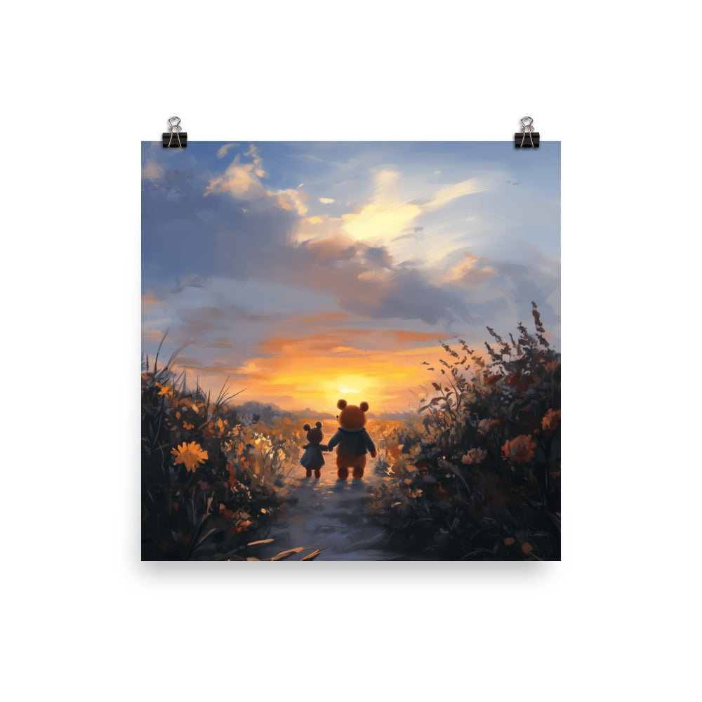 Artistic illustration of two friends walking together toward a vibrant orange and yellow sunset. The high-quality matte poster features warm, golden-hour colors by Sweet & Savage.