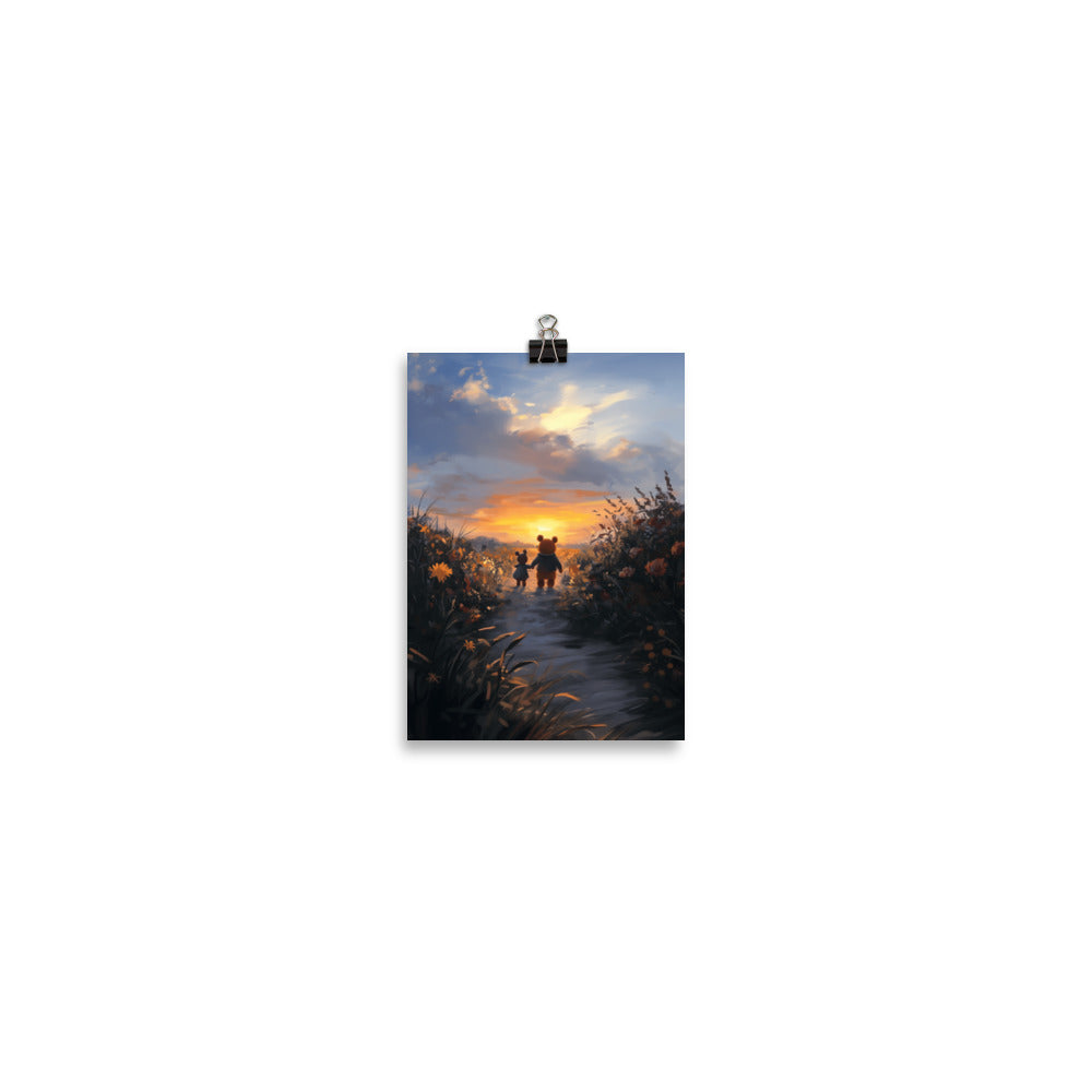 Artistic illustration of two friends walking together toward a vibrant orange and yellow sunset. The high-quality matte poster features warm, golden-hour colors by Sweet & Savage.