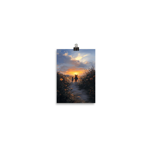 Artistic illustration of two friends walking together toward a vibrant orange and yellow sunset. The high-quality matte poster features warm, golden-hour colors by Sweet & Savage.