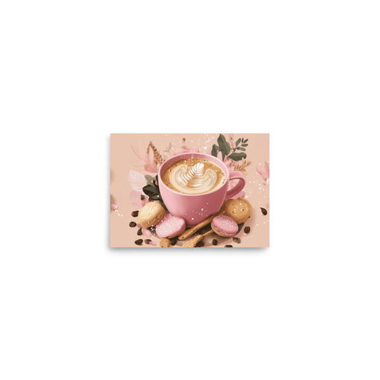 Top-down view of a cozy pink coffee cup with latte art, surrounded by cookies and cinnamon sticks on a soft pink background. High-quality paper poster for kitchen wall art by Sweet & Savage.