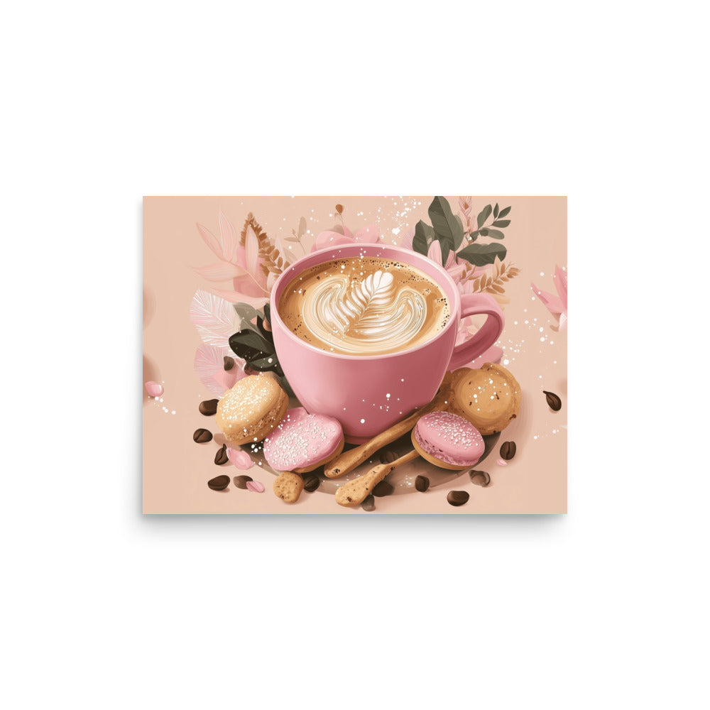 Top-down view of a cozy pink coffee cup with latte art, surrounded by cookies and cinnamon sticks on a soft pink background. High-quality paper poster for kitchen wall art by Sweet & Savage.