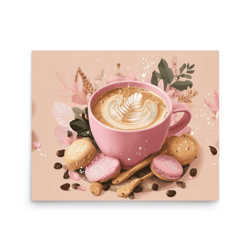 Top-down view of a cozy pink coffee cup with latte art, surrounded by cookies and cinnamon sticks on a soft pink background. High-quality paper poster for kitchen wall art by Sweet & Savage.