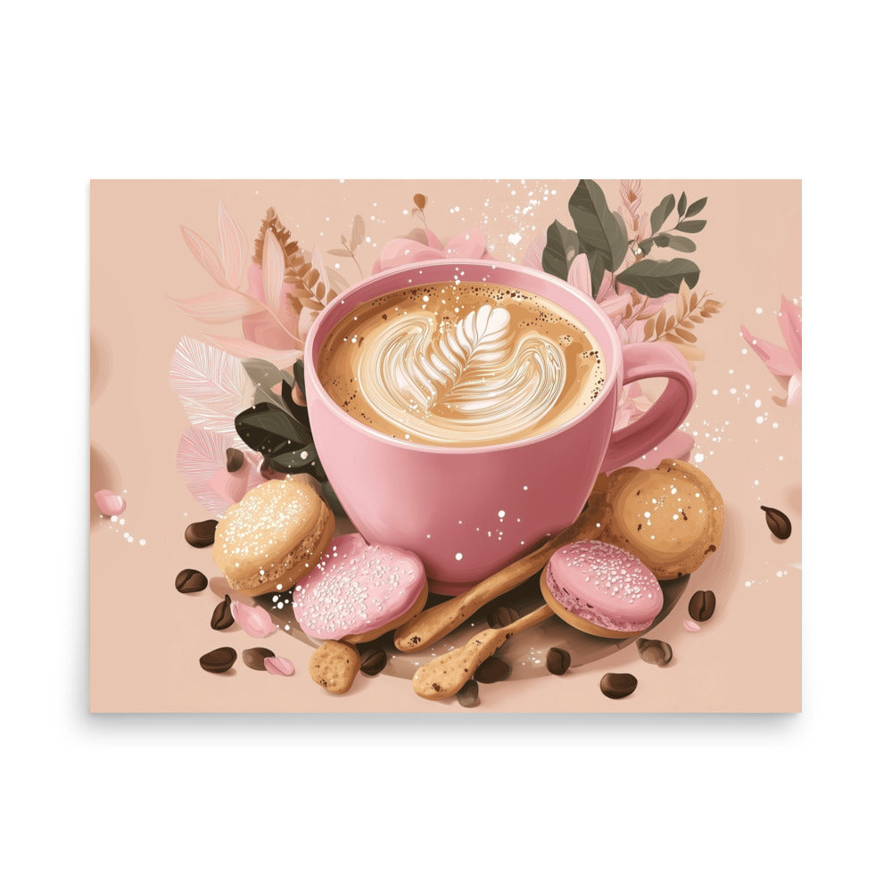 Top-down view of a cozy pink coffee cup with latte art, surrounded by cookies and cinnamon sticks on a soft pink background. High-quality paper poster for kitchen wall art by Sweet & Savage.