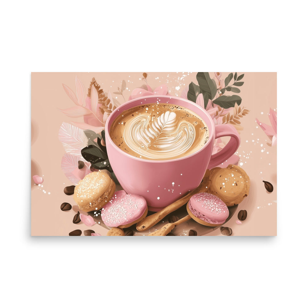 Top-down view of a cozy pink coffee cup with latte art, surrounded by cookies and cinnamon sticks on a soft pink background. High-quality paper poster for kitchen wall art by Sweet & Savage.