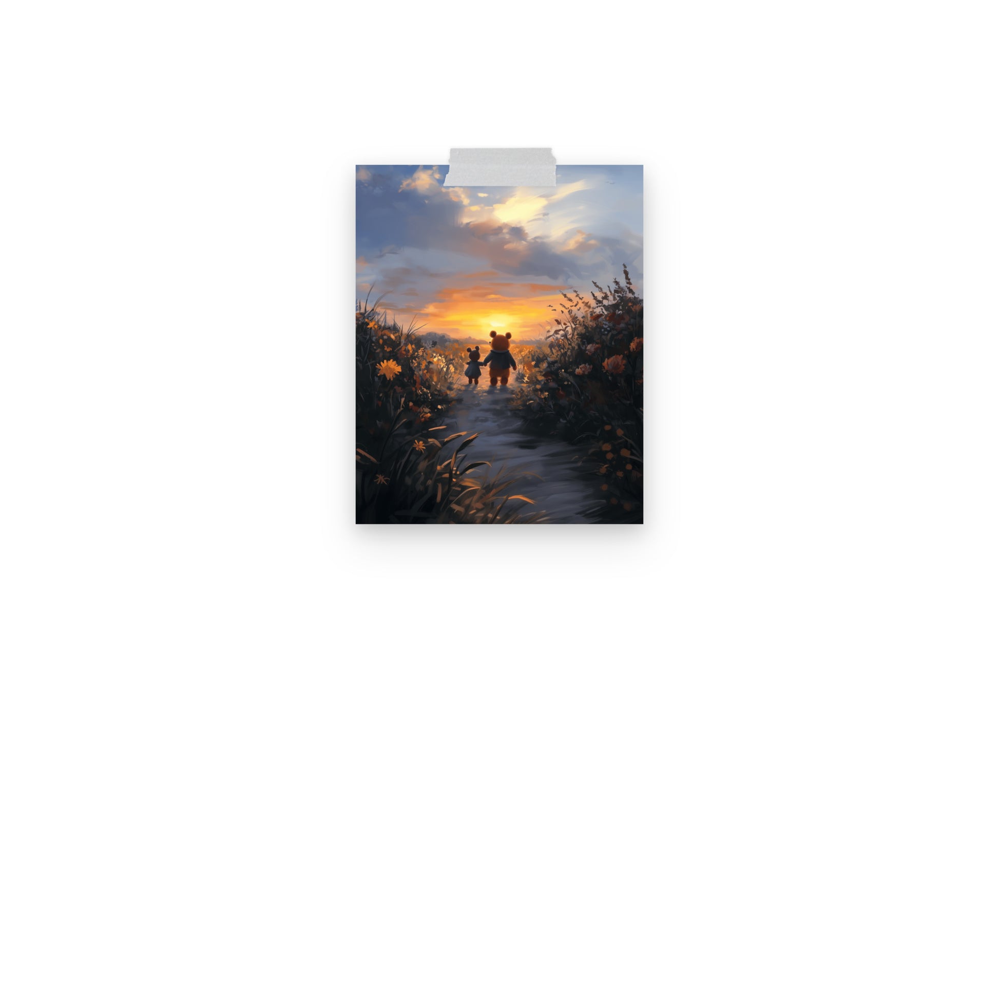 Artistic illustration of two friends walking together toward a vibrant orange and yellow sunset. The high-quality matte poster features warm, golden-hour colors by Sweet & Savage.
