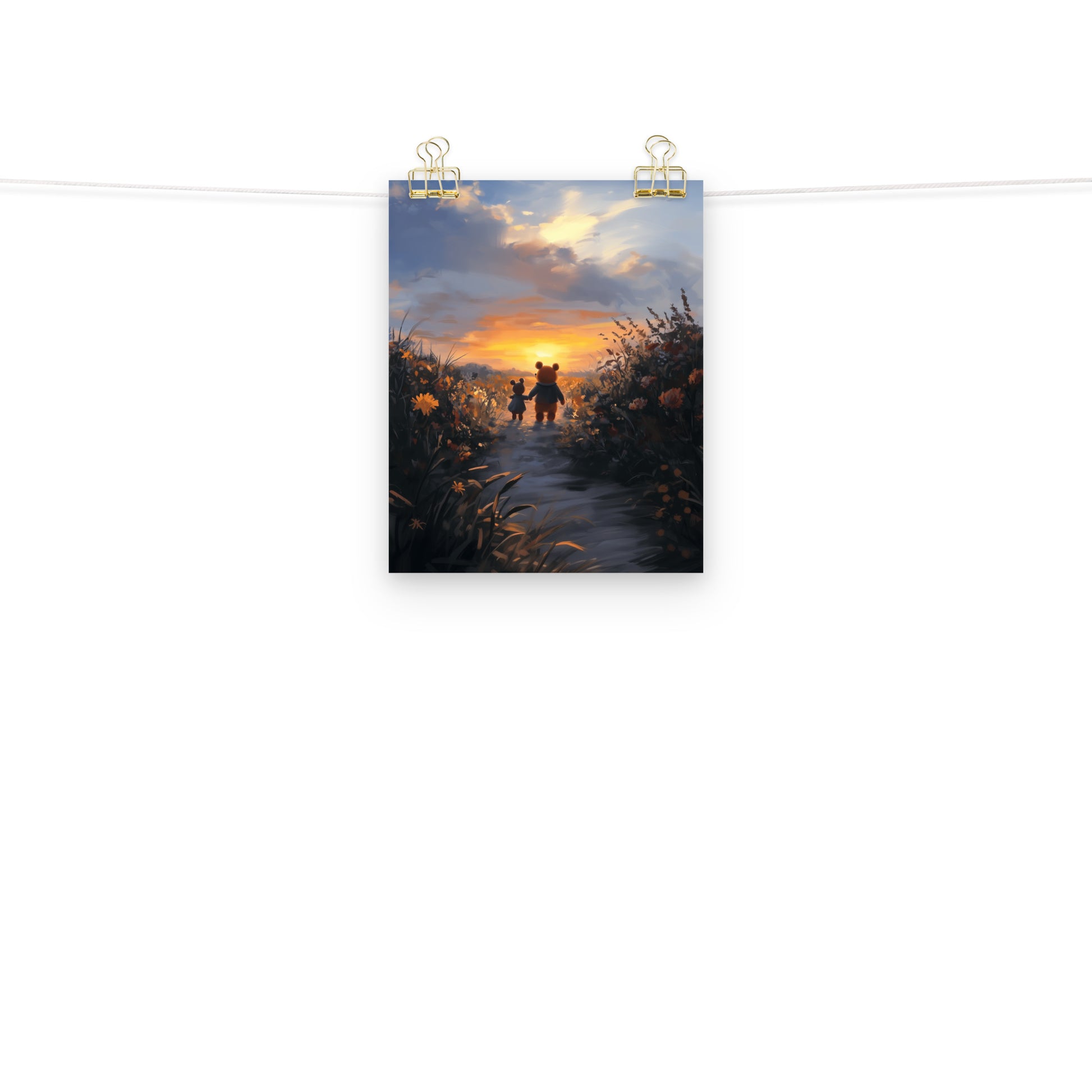 Artistic illustration of two friends walking together toward a vibrant orange and yellow sunset. The high-quality matte poster features warm, golden-hour colors by Sweet & Savage.