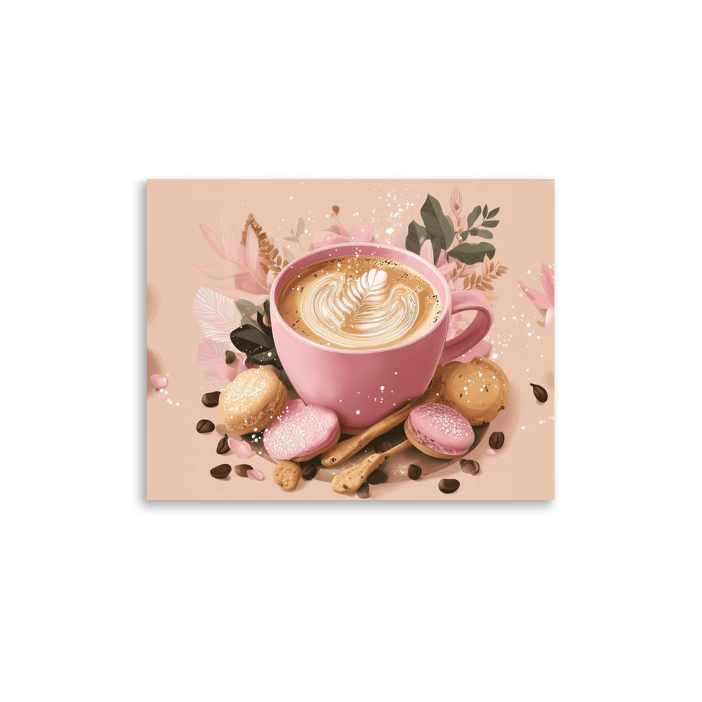 Pink coffee cup with coffee and latte art surrounded by cookies on a light pink background 