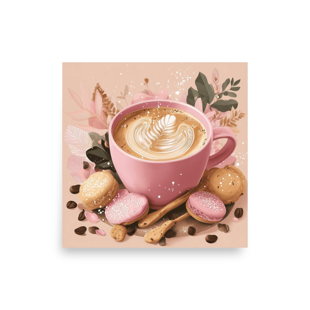 Top-down view of a cozy pink coffee cup with latte art, surrounded by cookies and cinnamon sticks on a soft pink background. High-quality paper poster for kitchen wall art by Sweet & Savage.