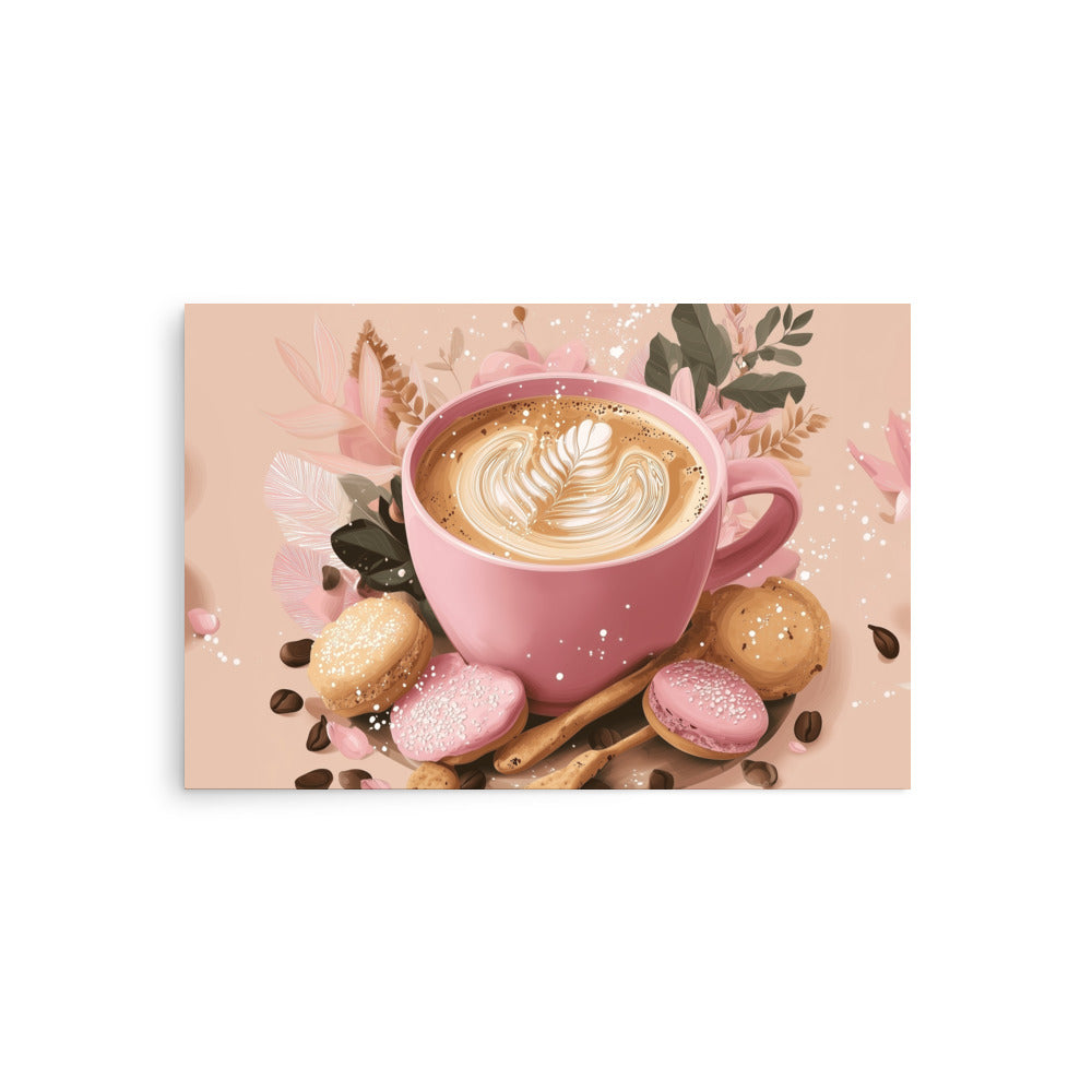 Top-down view of a cozy pink coffee cup with latte art, surrounded by cookies and cinnamon sticks on a soft pink background. High-quality paper poster for kitchen wall art by Sweet & Savage.