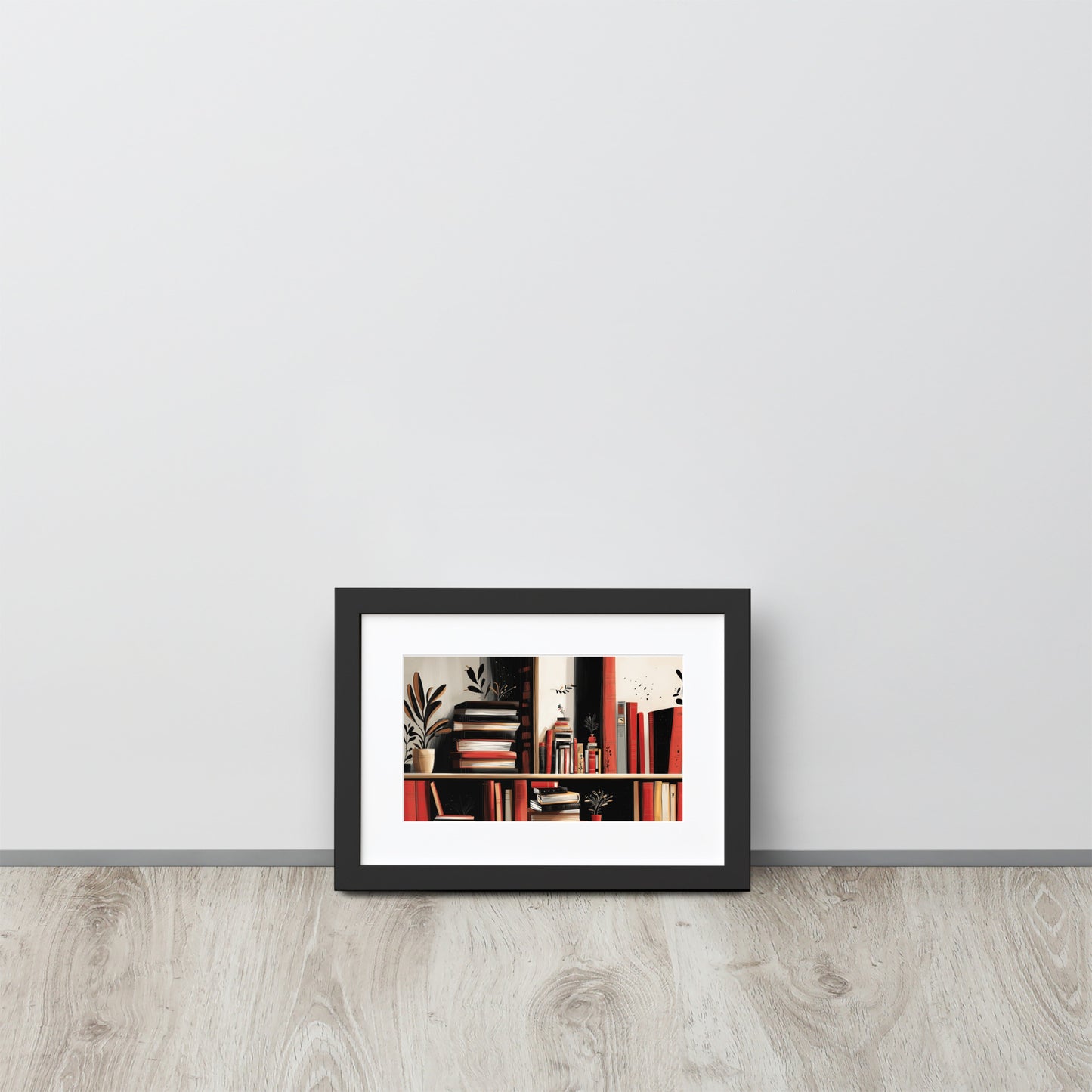 Framed A4 library-themed poster featuring colorful book illustrations with a sophisticated white mat board.