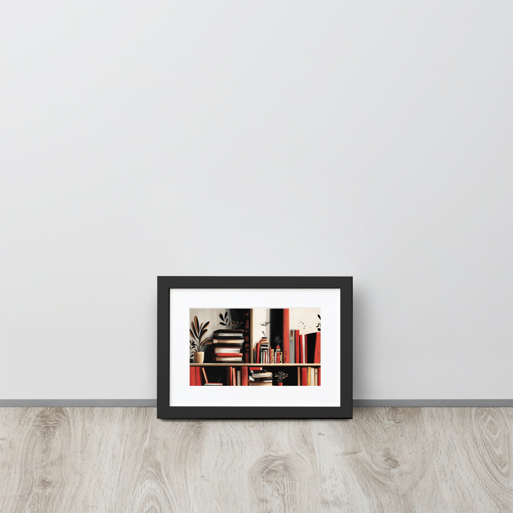 Framed A4 library-themed poster featuring colorful book illustrations with a sophisticated white mat board.